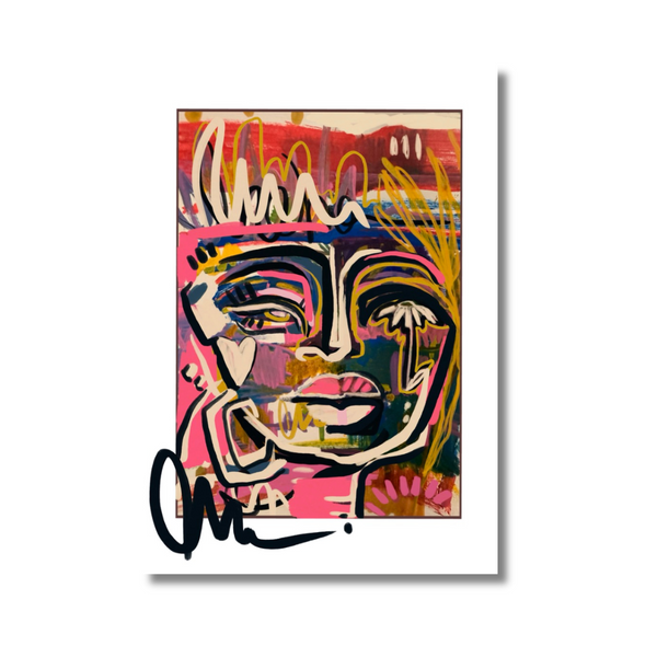A colorful abstract portrait art print featuring a stylized face with expressive brushstrokes in pink, red, yellow, black, and white, shown on a white background with a drop shadow.