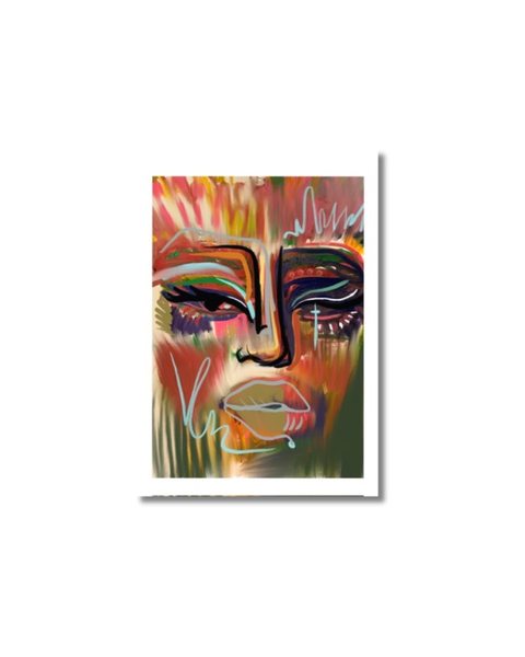 A colorful abstract portrait art print depicting a stylized face with expressive eyes and lips, rendered in a mix of warm and cool tones on a white background.